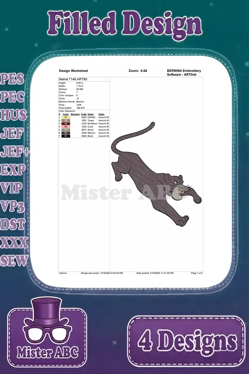 Detailed design worksheet for Bagheera pouncing embroidery, showing stitch count, color sequence, and thread chart.