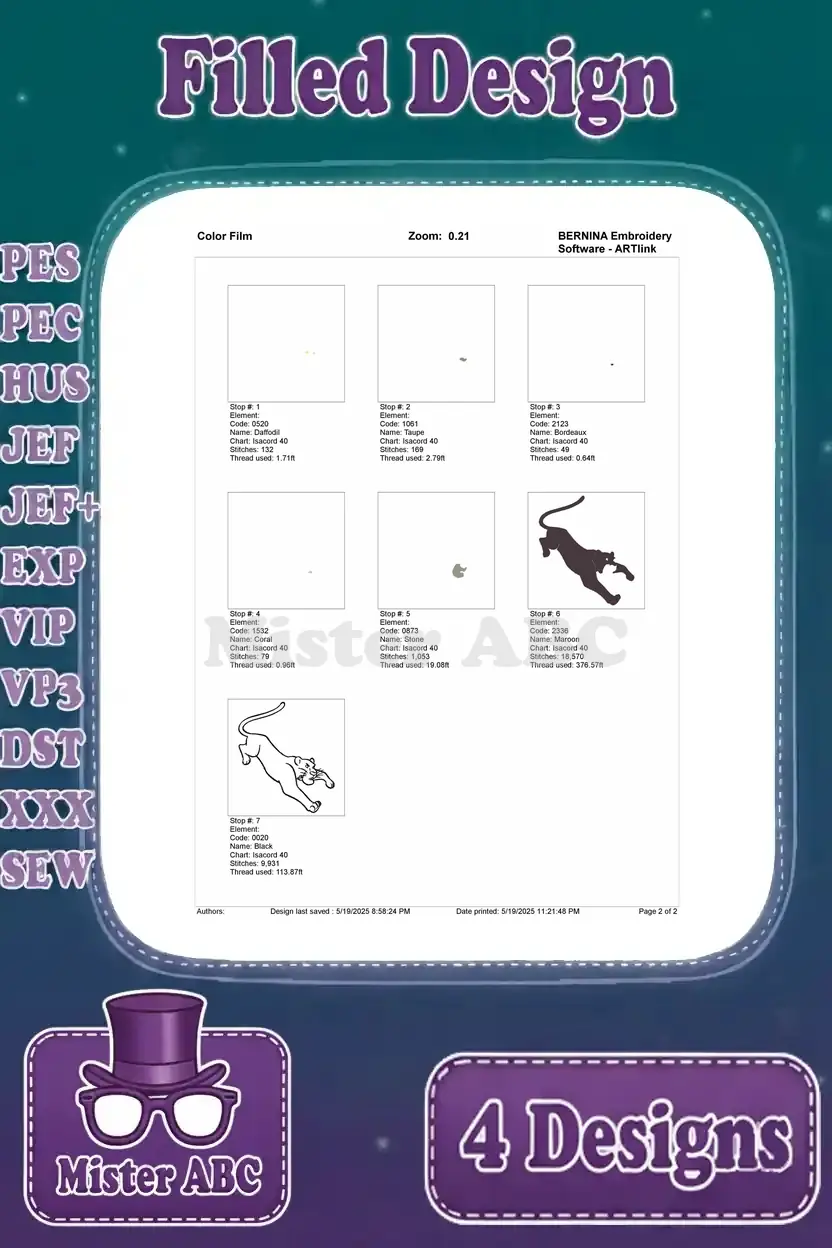 Color film representation for the Bagheera pouncing embroidery design, illustrating stitch layering and sequence.