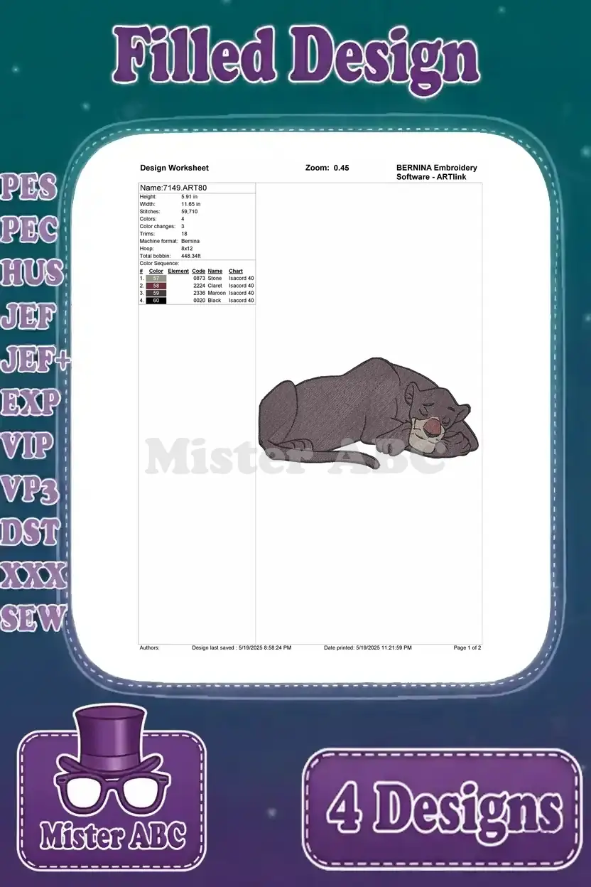 Detailed design worksheet for Bagheera sleeping embroidery, showing stitch count, color sequence, and thread chart.