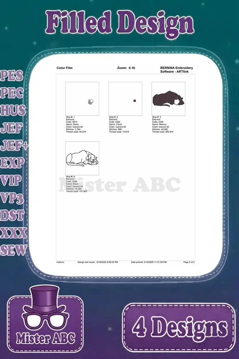 Color film representation for the Bagheera sleeping embroidery design, illustrating stitch layering and sequence.