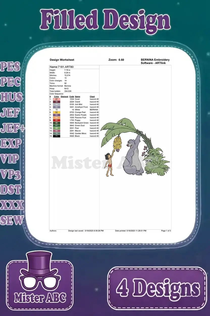 Detailed embroidery worksheet for the Mowgli and Baloo with bananas design, showing stitch count, size, and color chart.