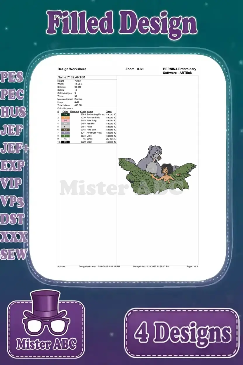 Detailed embroidery worksheet for the Mowgli and Baloo in leaves design, with stitch count, size, and color chart.