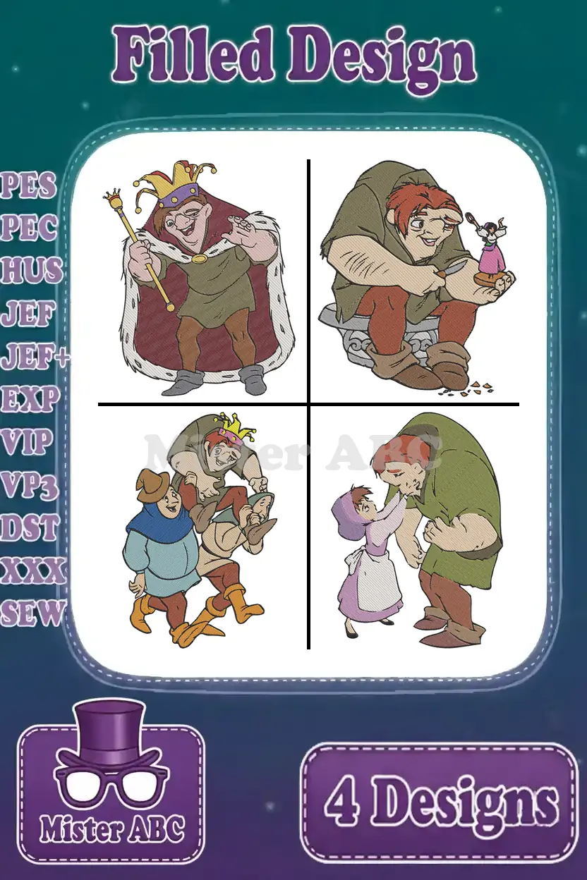 Four vibrant filled embroidery designs featuring iconic Hunchback of Notre Dame characters like Quasimodo and Frollo.