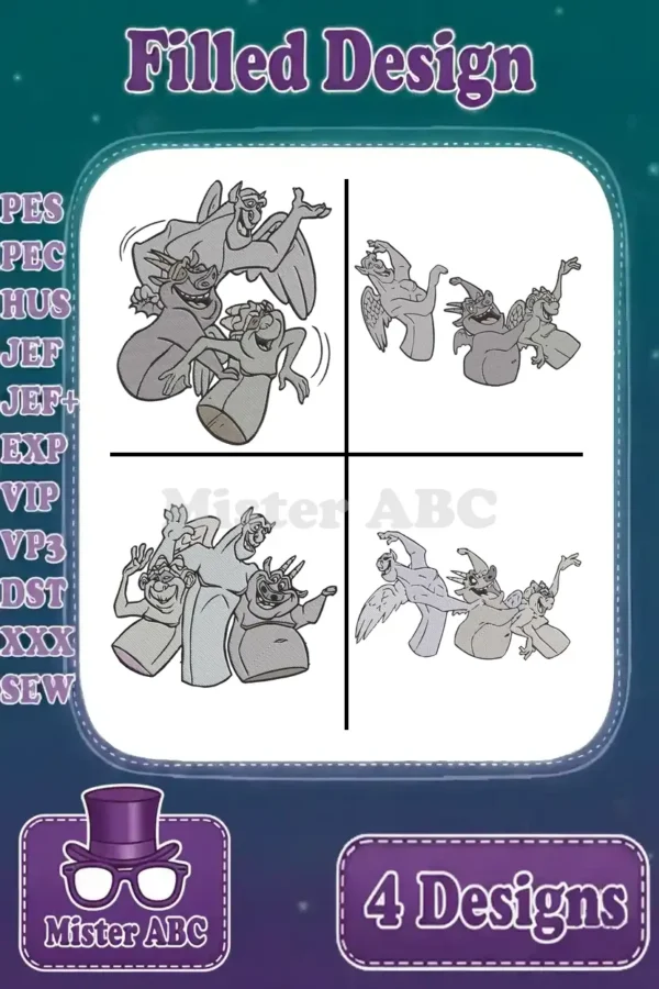 A vibrant display of four filled embroidery designs featuring the beloved gargoyles Victor, Hugo, and Laverne in various poses. Essential for fans!
