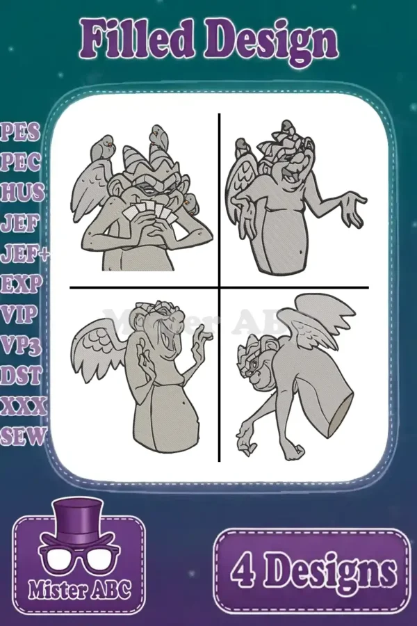 Four distinct gargoyle embroidery designs, each with a unique pose, displayed in a grid on a blue background with stitch formats.