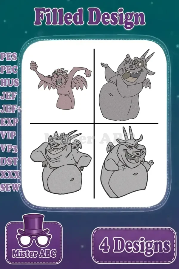 Four vibrant filled embroidery designs of Disney's Hunchback gargoyles: Laverne, Victor, Hugo, and another character.