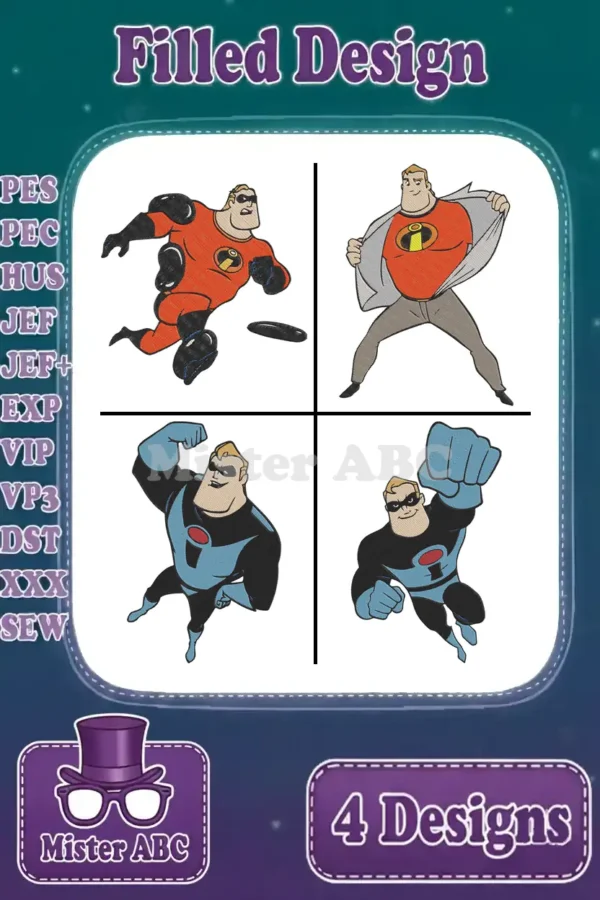 A vibrant main image showcasing four distinct Mr. Incredible filled embroidery designs, ready for various projects.