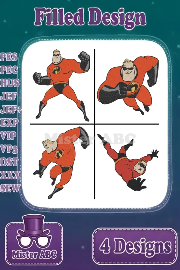 A vibrant embroidery bundle featuring four filled designs of Mr. Incredible in various dynamic action poses, ready for digital stitching.