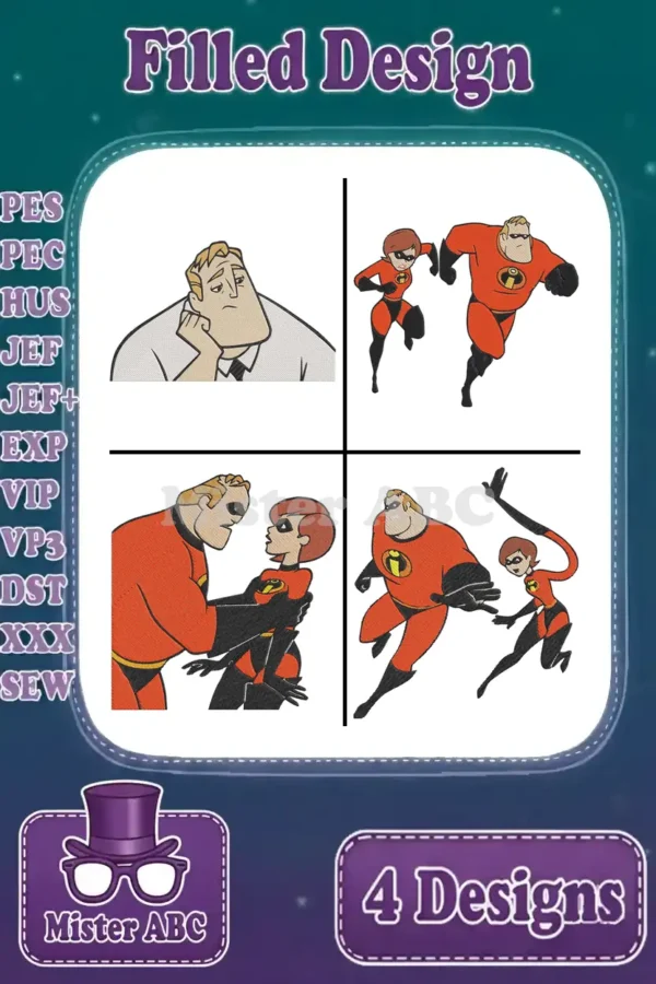 Four vibrant filled embroidery designs featuring Mr. Incredible and Elastigirl from The Incredibles movie.