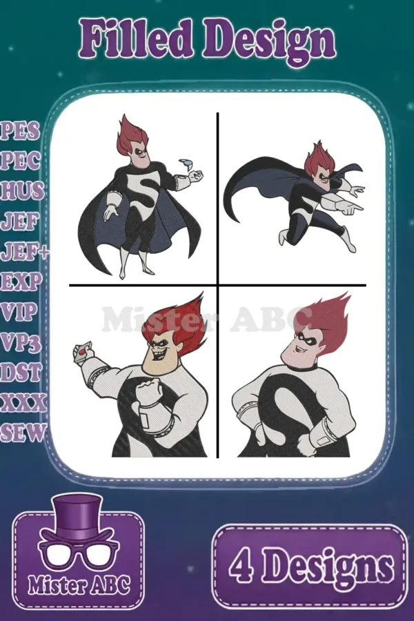Four vibrant filled embroidery designs of Syndrome from The Incredibles, showcased in dynamic poses, perfect for fans.