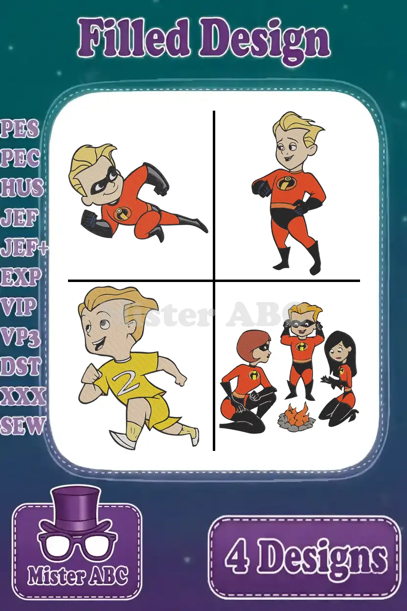 A collage of four filled embroidery designs featuring characters from Disney Pixar's The Incredibles, including Dash Parr in various poses and a group scene with Violet, Dash, and Mr. Incredible. Available in multiple machine embroidery formats.