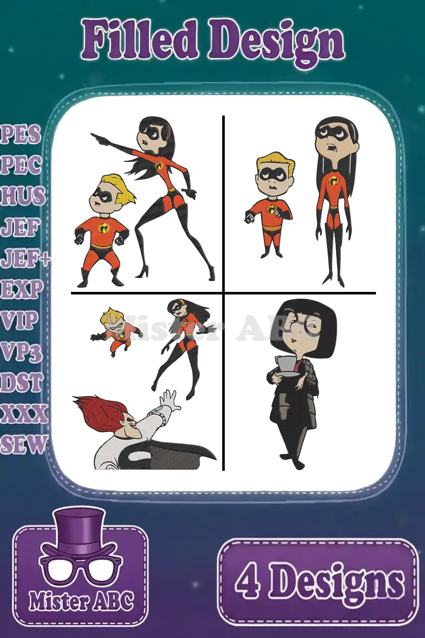 Vibrant Incredibles embroidery design bundle featuring Elastigirl, Dash, Violet, and Edna Mode. Perfect for fans!