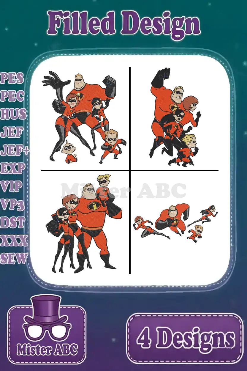 A vibrant main product image displaying four distinct filled embroidery designs of The Incredibles family in various poses.