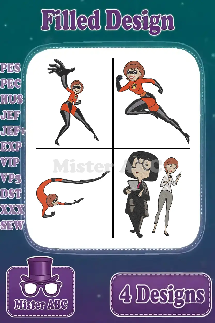 Main product image displaying four distinct filled embroidery designs of Elastigirl and Edna Mode from The Incredibles.