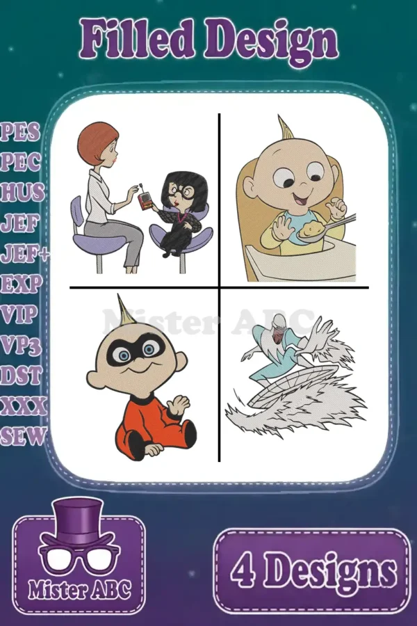 A vibrant embroidery bundle displaying four distinct filled designs: Edna Mode with Elastigirl, Jack-Jack eating, Jack-Jack in his suit, and Frozone. Various file formats listed on the left.