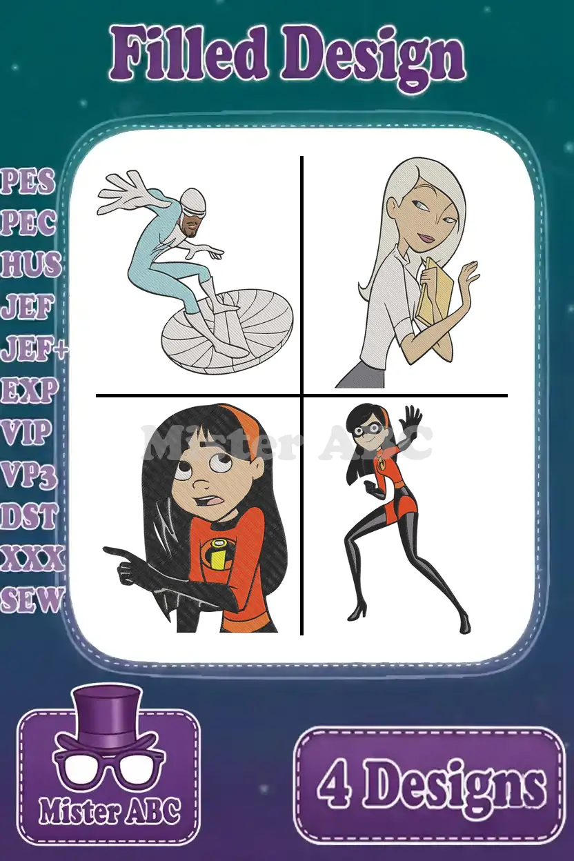 A vibrant bundle of four filled embroidery designs featuring Frozone, Edna Mode, and two poses of Violet Parr. Includes supported file formats.