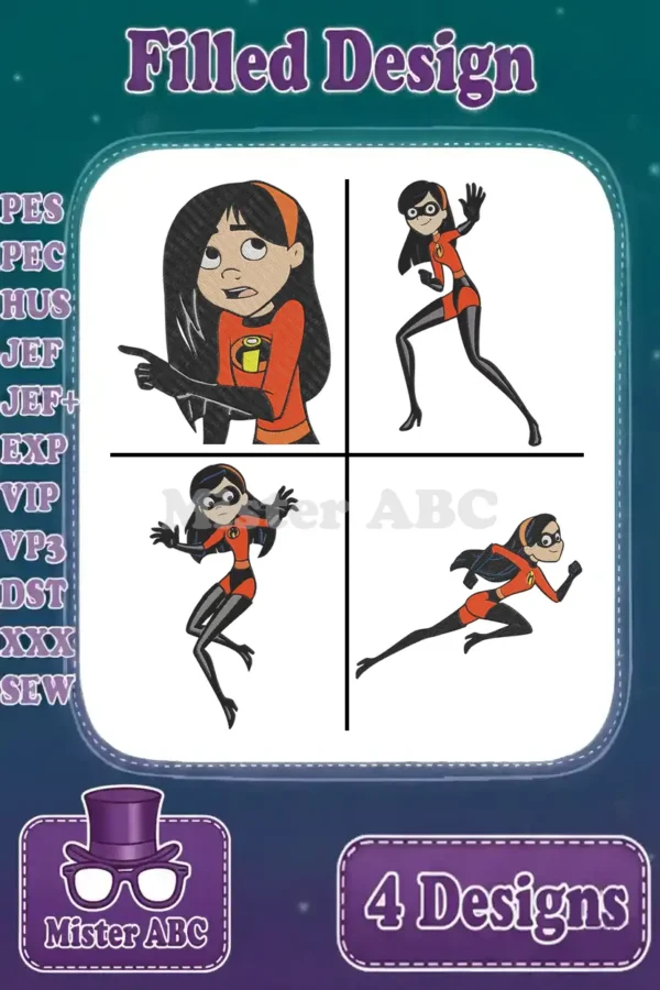 Four vibrant Violet Parr filled embroidery designs from The Incredibles, ready for diverse crafting projects.