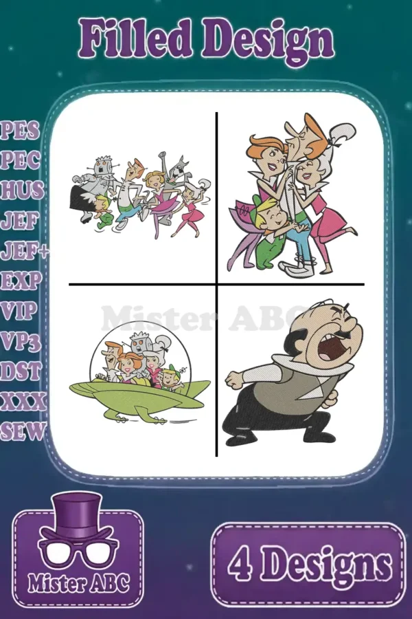 Main product image showing a 4-design embroidery bundle featuring The Jetsons characters in distinct filled stitch patterns, highlighting supported formats.