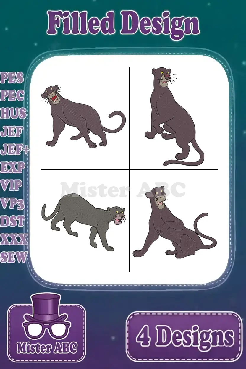 Four distinct filled embroidery designs of Bagheera, the black panther, in various poses, with supported file formats listed.
