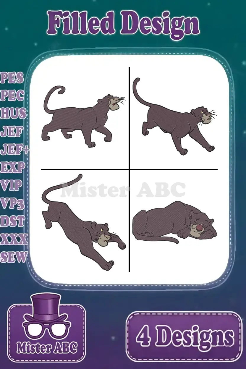 A vibrant display of four filled embroidery designs featuring Bagheera, the majestic black panther from Jungle Book.