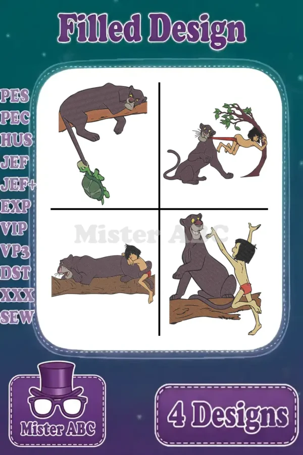 Four vibrant filled embroidery designs of Bagheera and Mowgli in various playful poses, suitable for multiple machine formats.