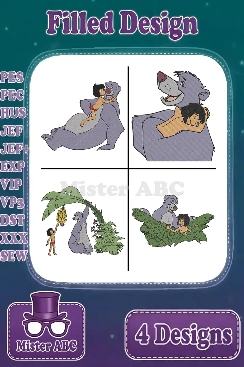 A vibrant collage of four filled embroidery designs featuring Mowgli and Baloo in various playful poses, ready for stitching.