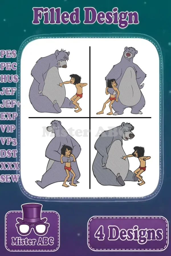 Four vibrant filled embroidery designs showcasing Baloo and Mowgli in various playful poses, ready for machine stitching.
