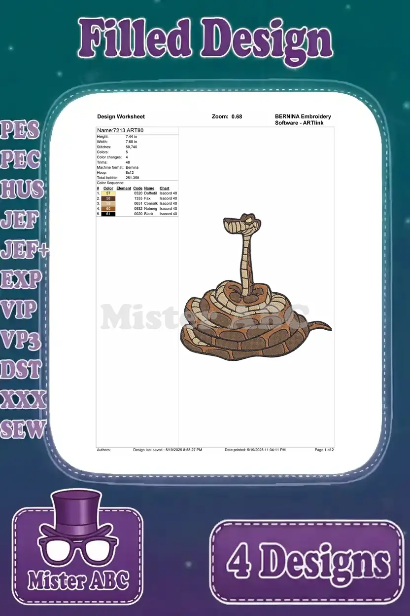 Detailed design worksheet for the coiled Kaa embroidery design, outlining stitch count, colors, and hoop size.