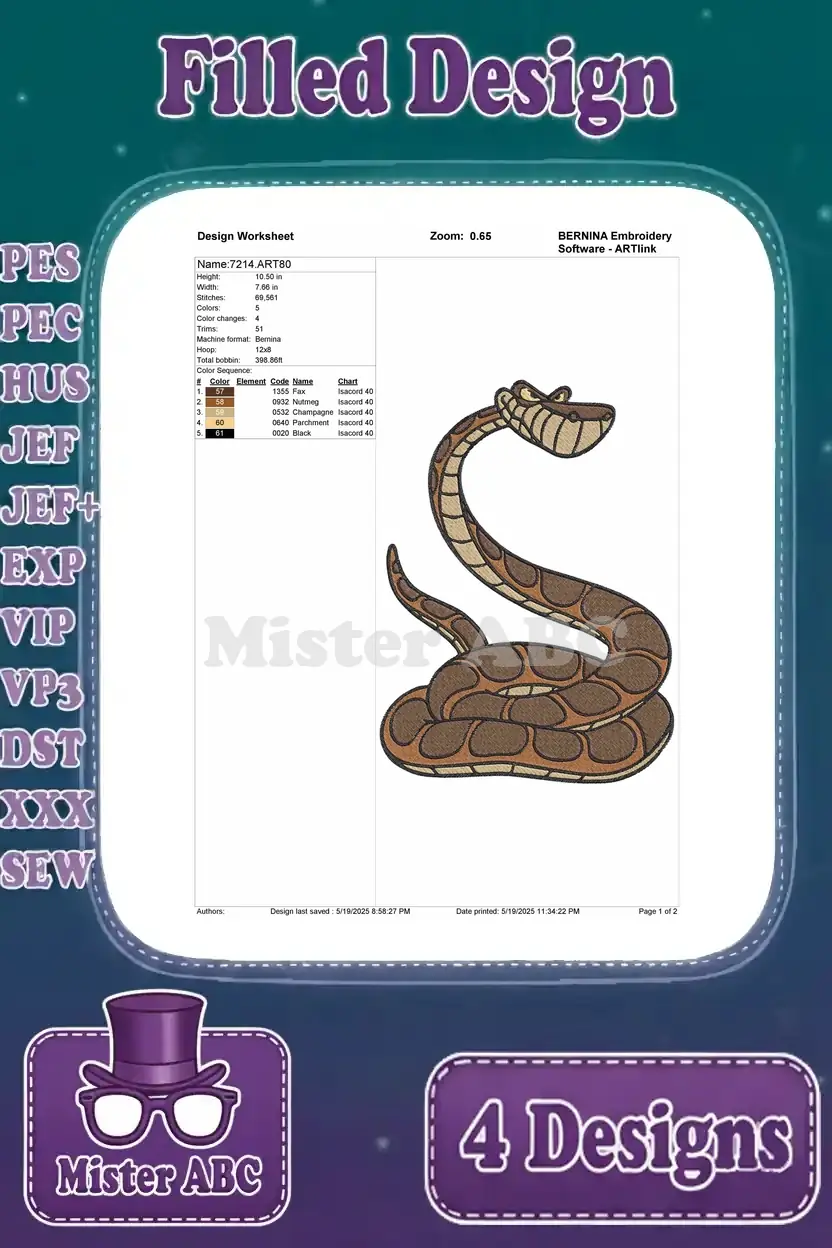 Detailed design worksheet for the curved Kaa embroidery design, outlining stitch count, colors, and hoop size.