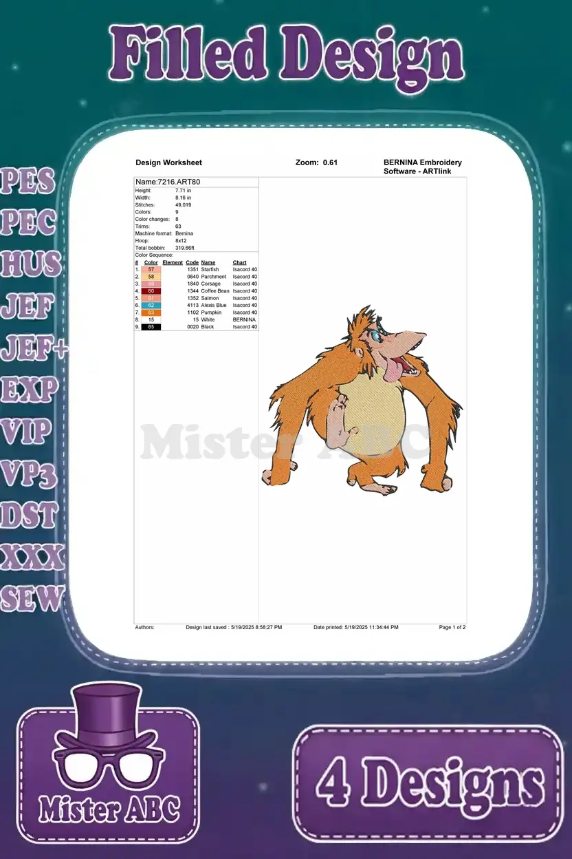 Detailed design worksheet for the King Louie embroidery design, outlining stitch count, colors, and hoop size.