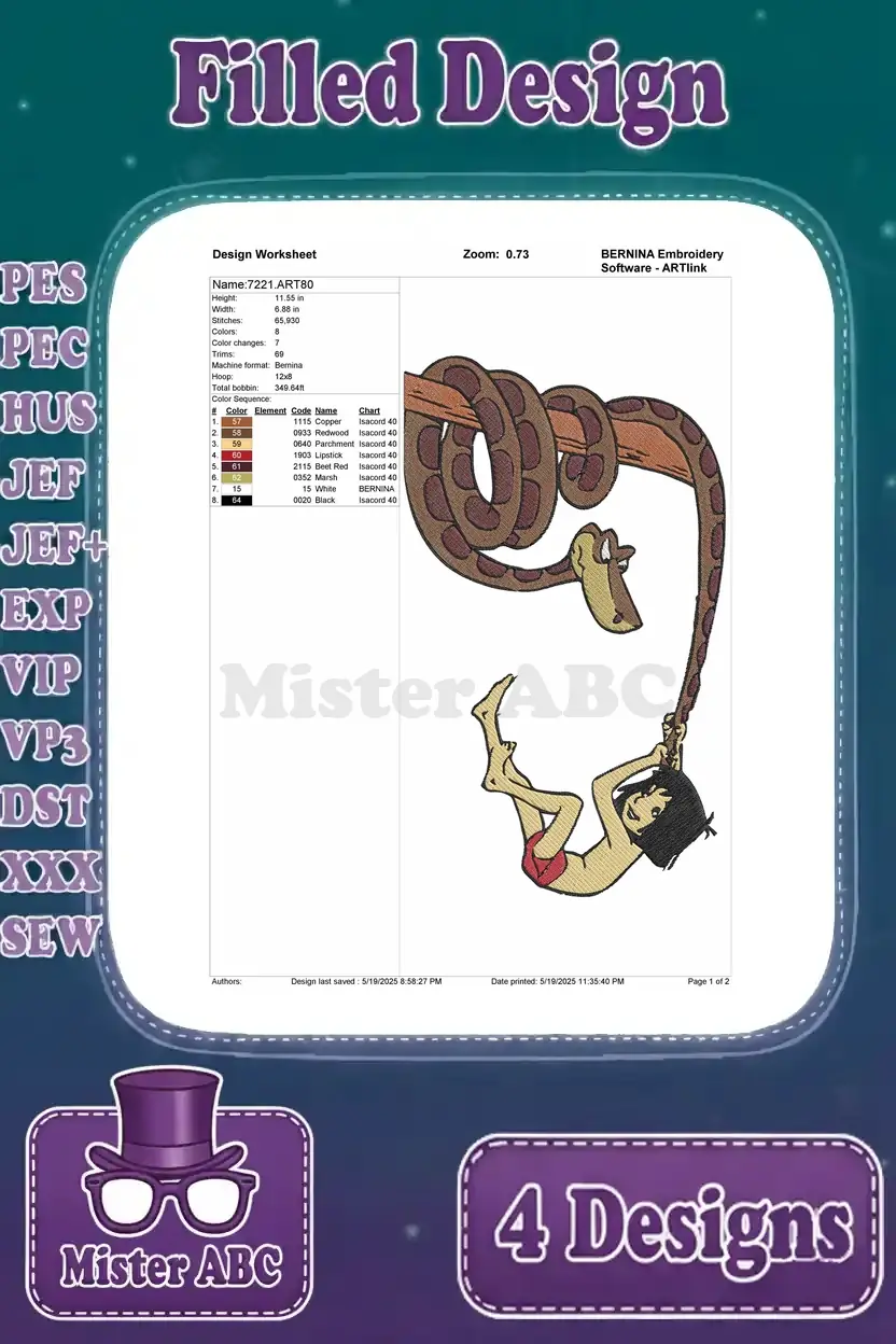 Detailed design worksheet for the Mowgli swinging on Kaa's tail embroidery, showing stitch count and color chart.
