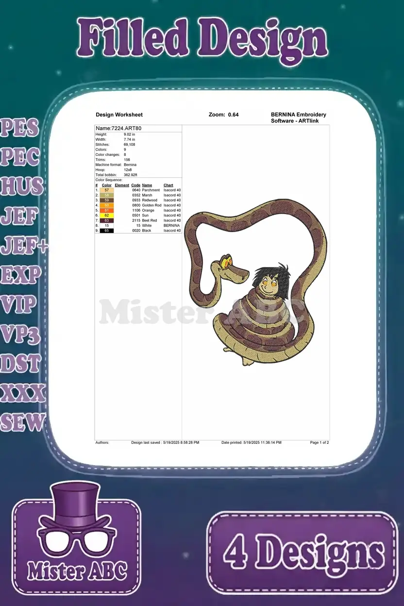 Design worksheet for the Mowgli wrapped in Kaa's coils embroidery, with full details on stitches and colors.