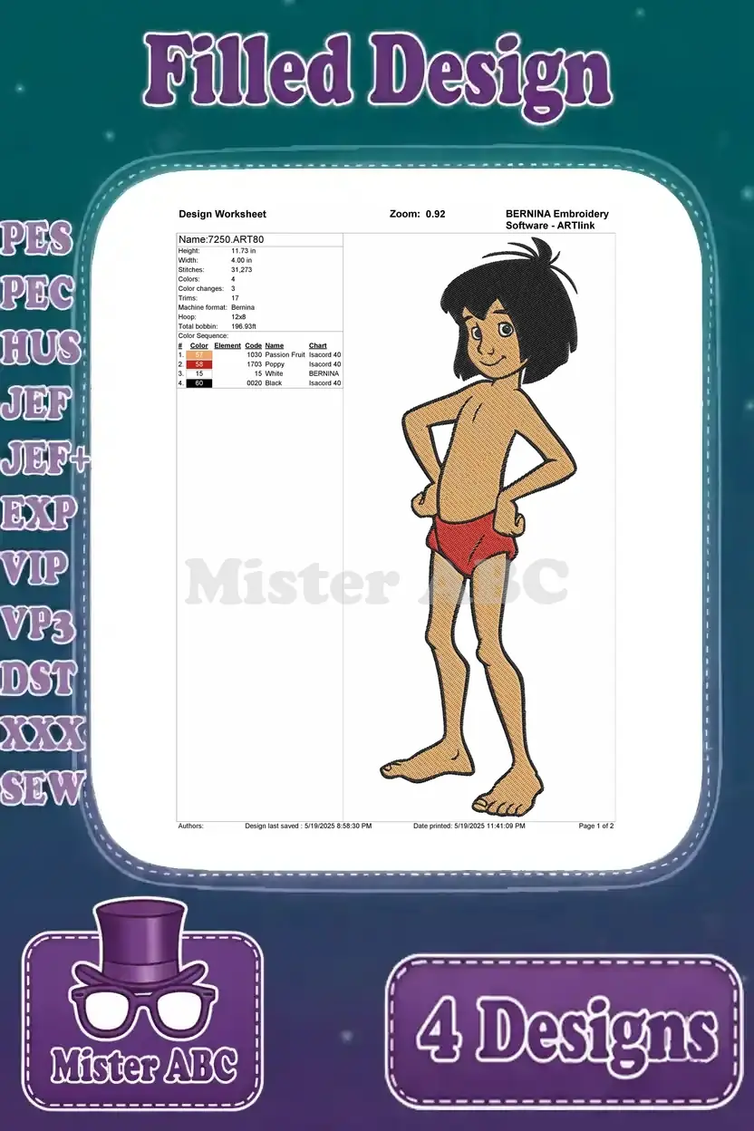 Detailed design worksheet for the standing Mowgli embroidery, showing stitch count, color sequence, and dimensions.