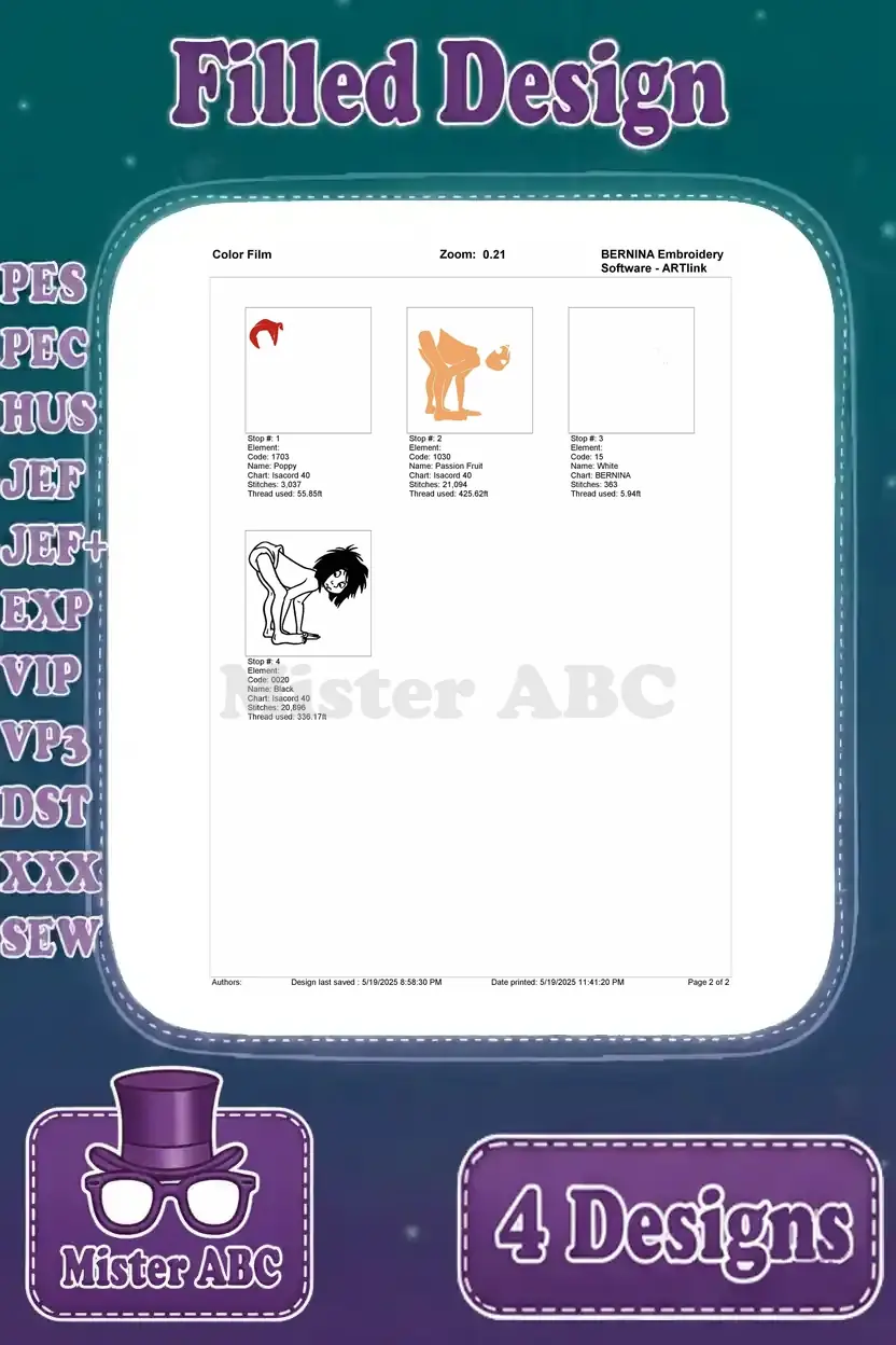 Color film sequence for the bending Mowgli embroidery design, illustrating the order of thread application.