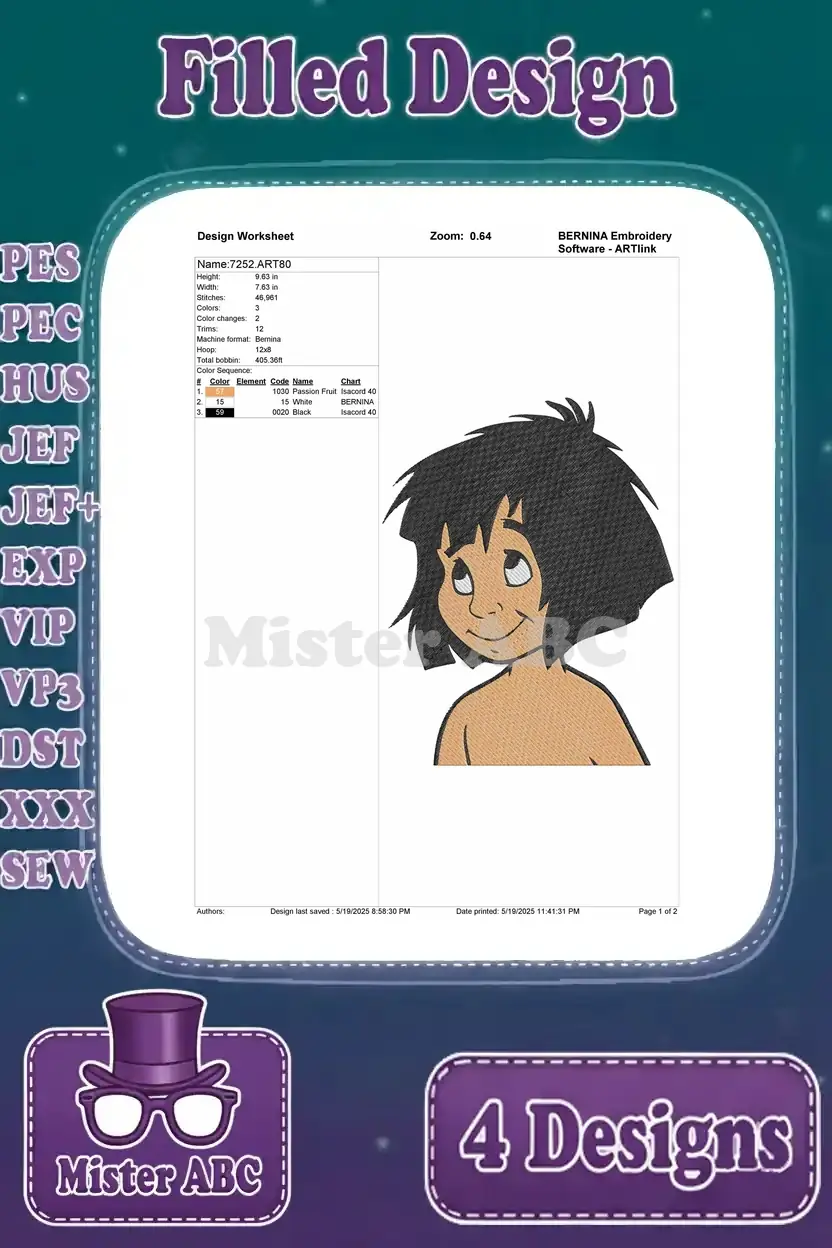 Detailed design worksheet for the Mowgli close-up (looking up) embroidery, showing stitch count and colors.