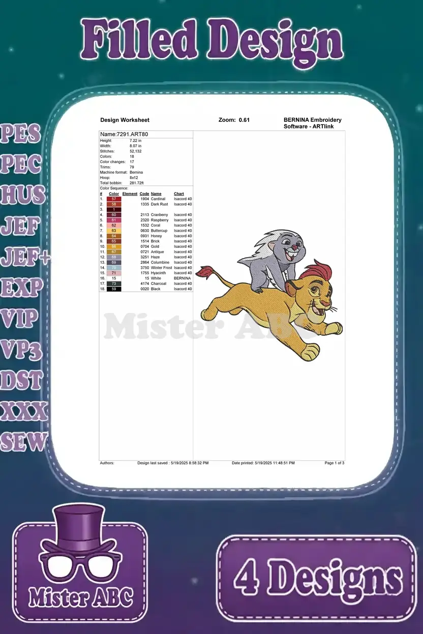 Embroidery design worksheet for Kion running with Bunga on his back, detailing stitches, colors, and dimensions.