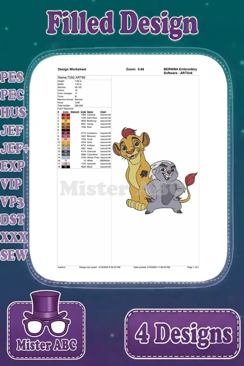Embroidery design worksheet for Kion and Bunga sitting together, detailing stitch count, colors, and dimensions.