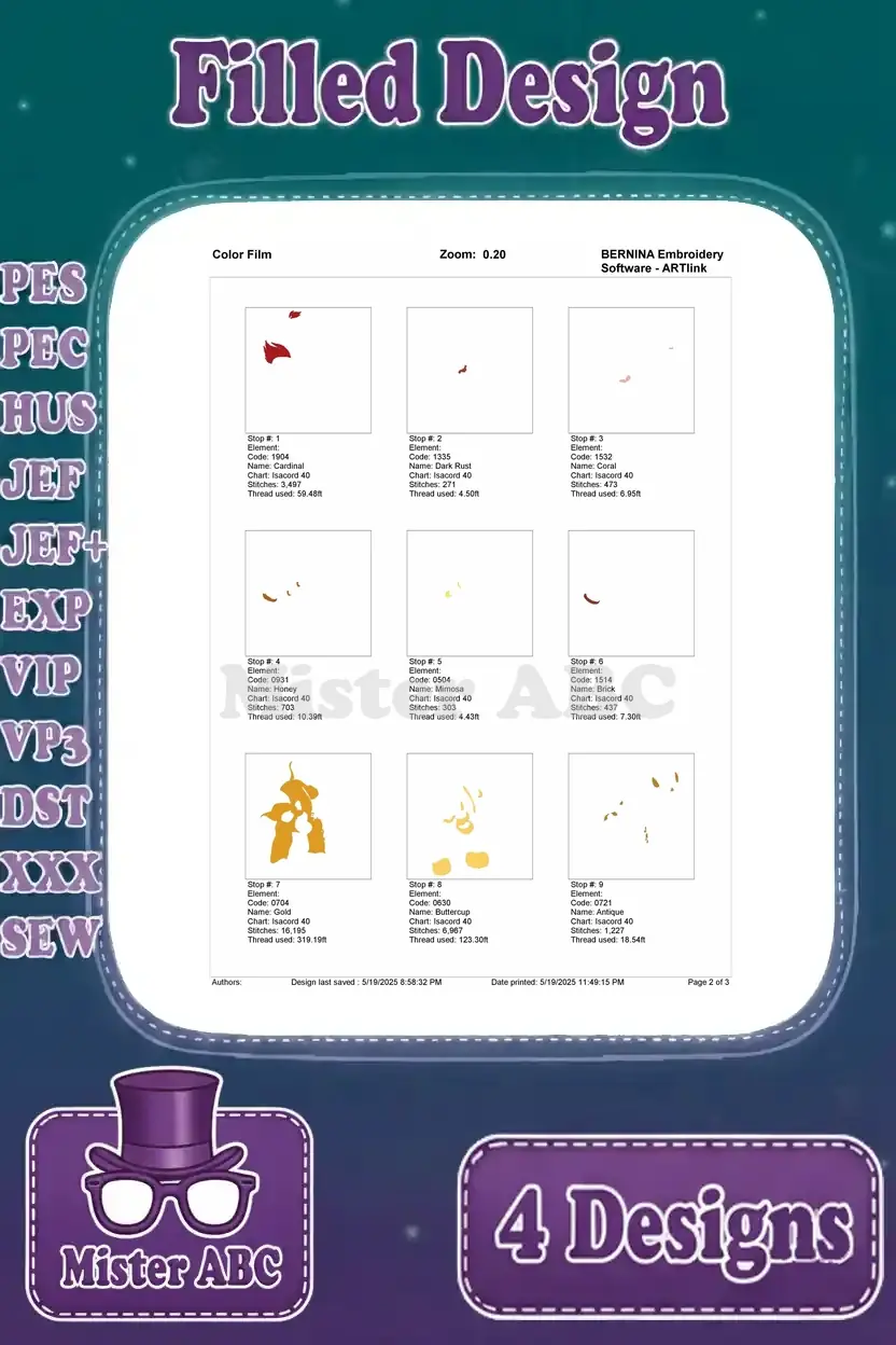 First page of the color film breakdown for the Kion and Fuli filled embroidery design, showing initial stitch stops.
