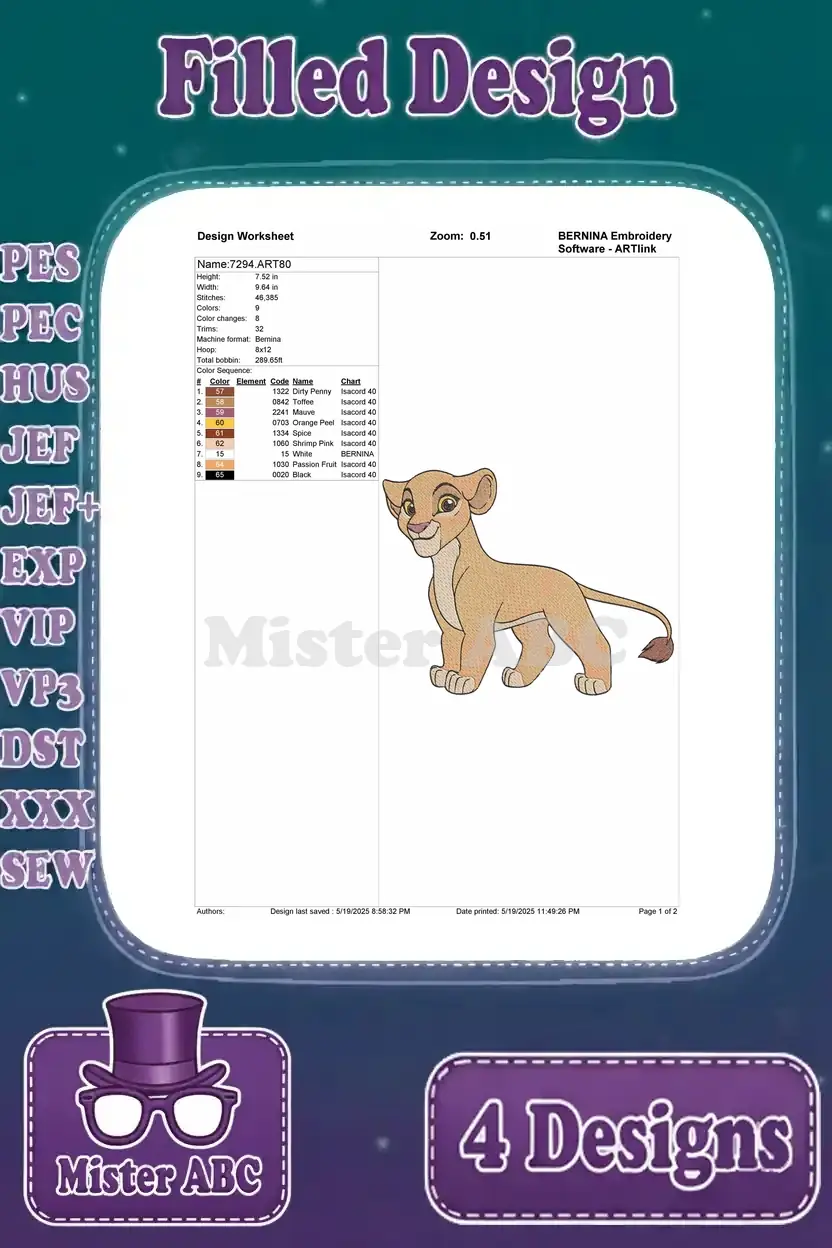 Embroidery design worksheet for the elegant Kiara, detailing stitch count, colors, and dimensions for crafting.
