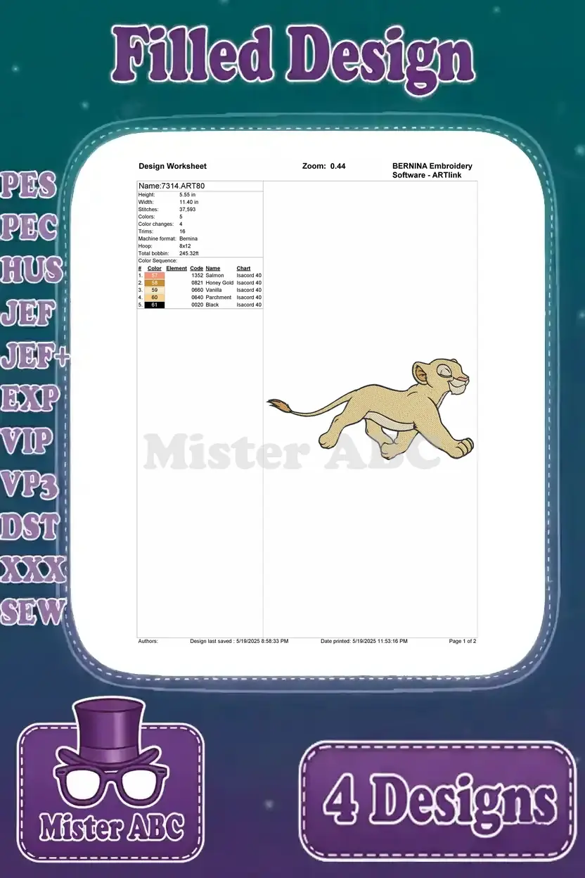 Detailed design worksheet for the running Nala cub embroidery, showing stitch count, color sequence, and thread recommendations for crafting.