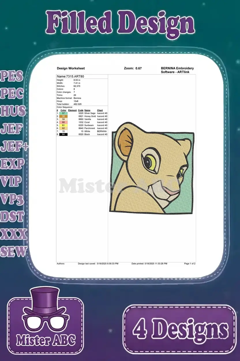 Detailed design worksheet for the smiling Nala cub portrait embroidery, showing stitch count, color sequence, and thread recommendations for crafting.