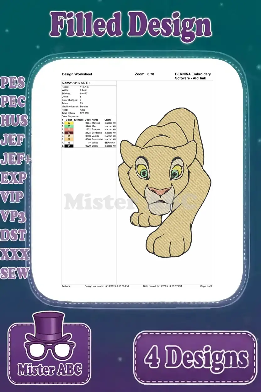 Detailed design worksheet for the crouching Nala cub embroidery, showing stitch count, color sequence, and thread recommendations for crafting.