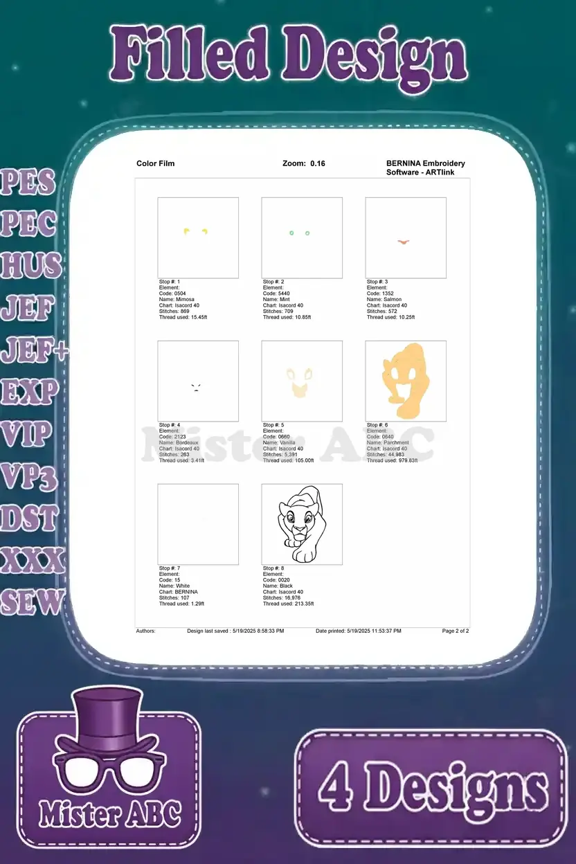 Color film for the crouching Nala cub embroidery design, illustrating the exact stitching order and thread changes for flawless creation.