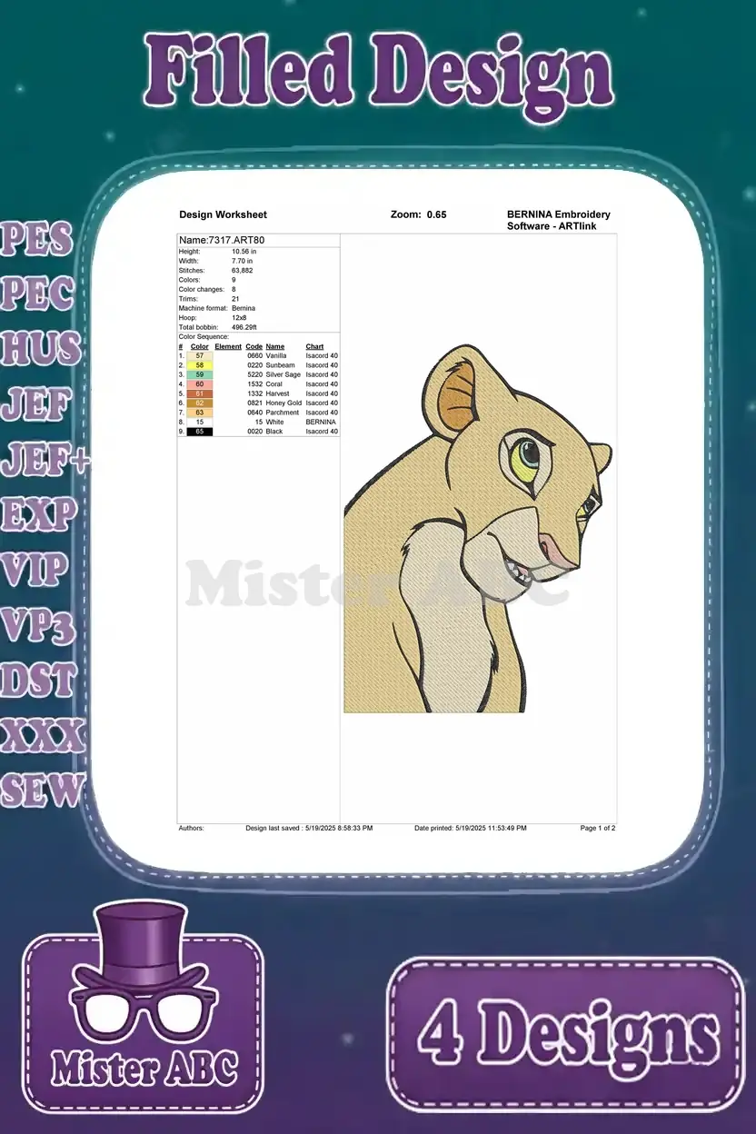 Detailed design worksheet for the looking-back Nala cub embroidery, showing stitch count, color sequence, and thread recommendations for crafting.
