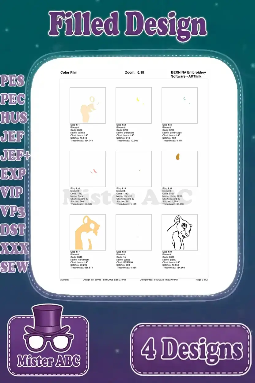 Color film for the looking-back Nala cub embroidery design, illustrating the exact stitching order and thread changes for flawless creation.