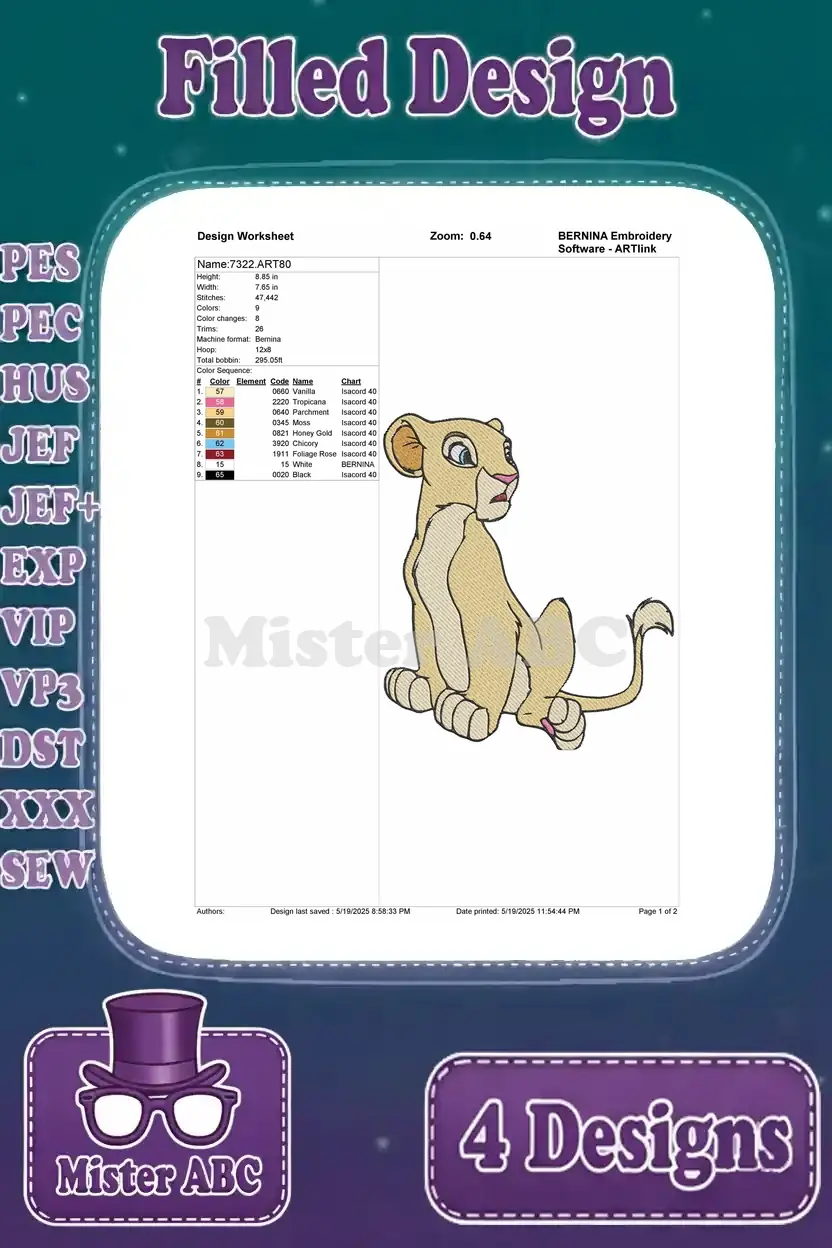 Detailed design worksheet for the first Nala lion cub embroidery, showing stitch count, colors, and hoop size.