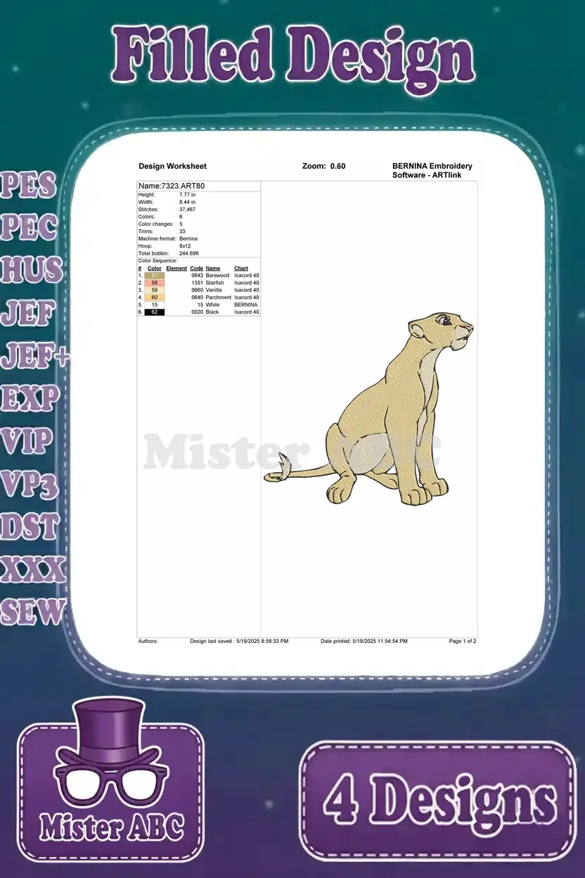 Design worksheet for the second Nala lion cub embroidery, detailing stitch count, colors, and dimensions.