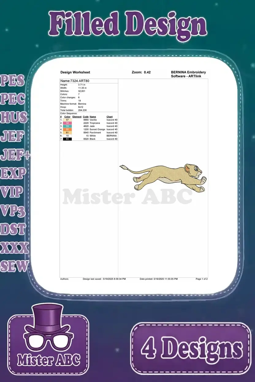 Detailed design worksheet for the third Nala lion cub running pose, with stitch count and color information.