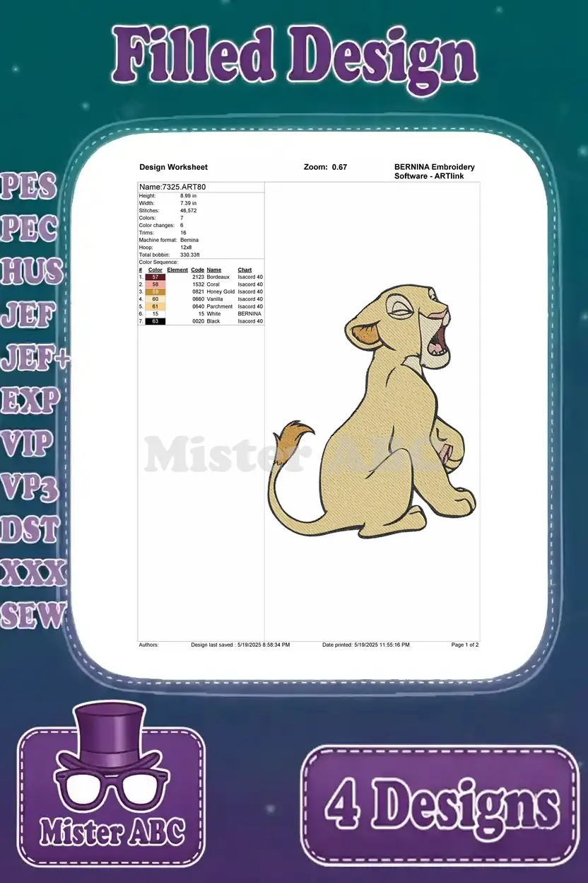 Design worksheet with specifications for the fourth Nala lion cub roaring/yawning design, including stitch count.