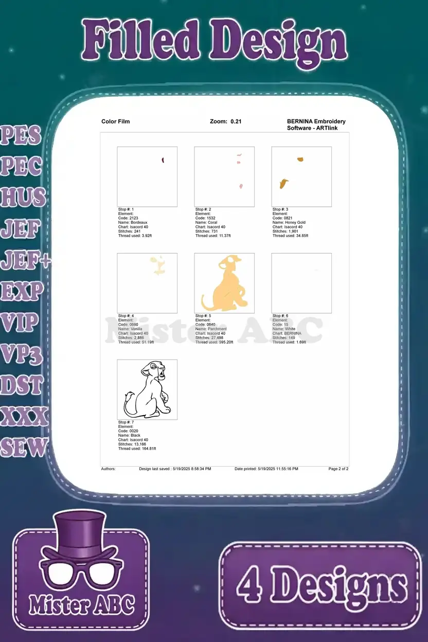 Color film guide for the fourth Nala lion cub roaring/yawning design, showing the order of thread application.